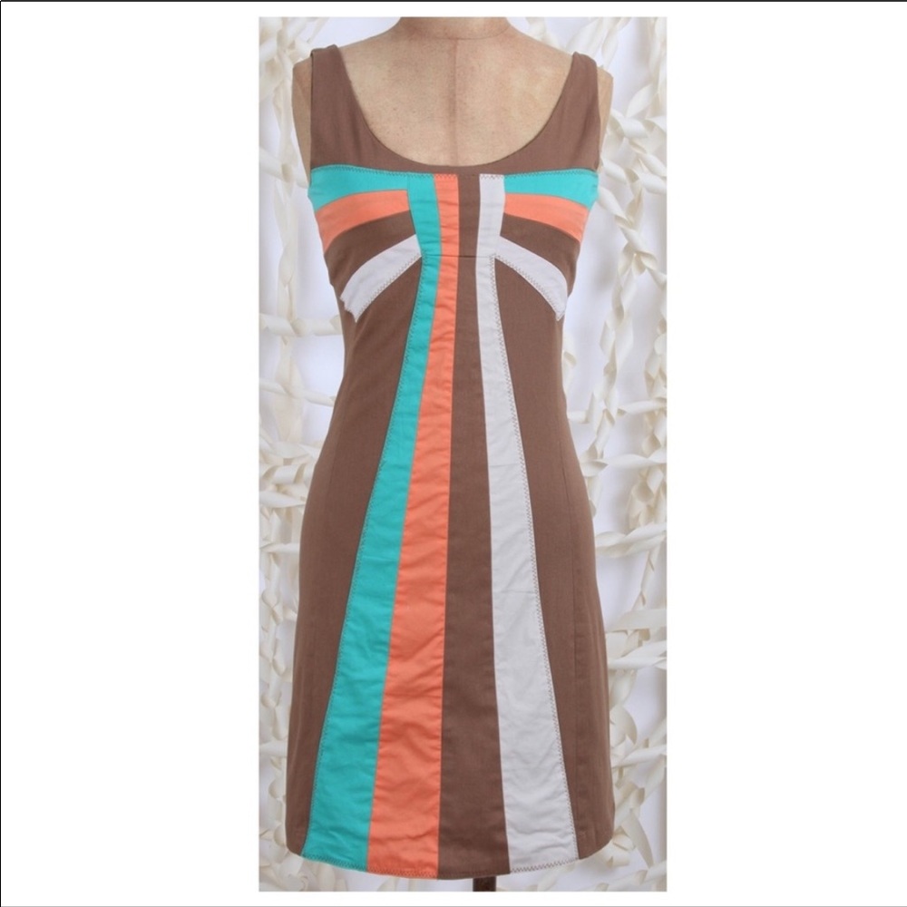 Judith March Brown Dress with Teal, Coral & White Panel Stripes